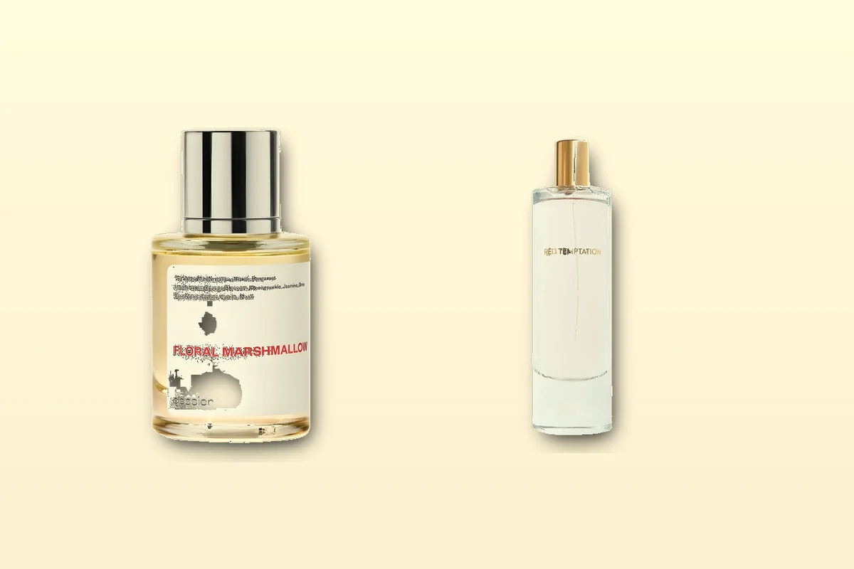 Dossier Floral Marshmallow beside Zara Red Temptation on a light shelf, two inspired-by house bottles for comparison