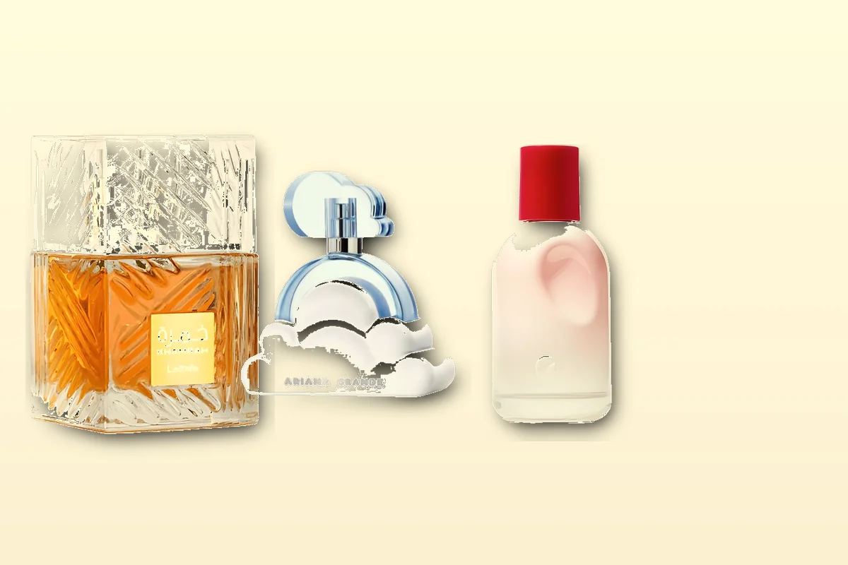Three budget perfume bottles on a light shelf, affordable wardrobe rotation still life